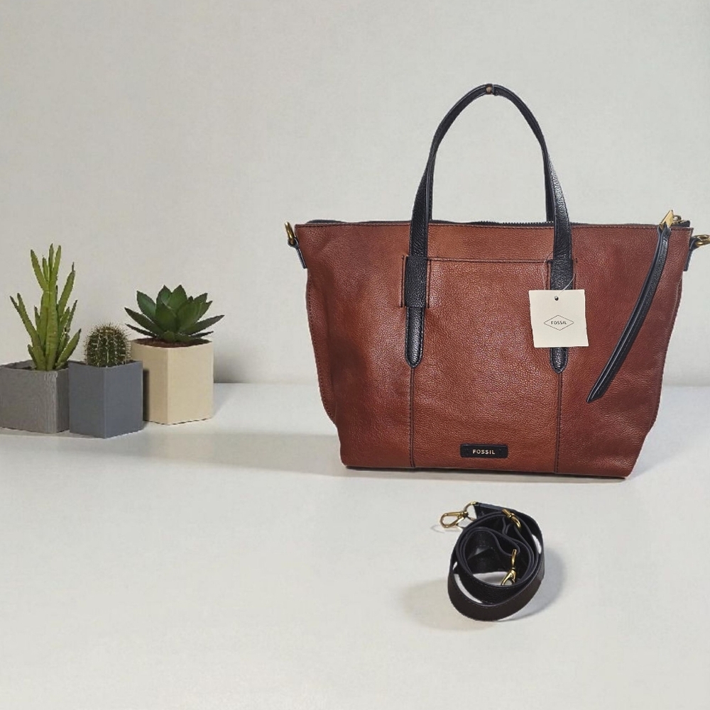 FOSSIL Skylar Satchel/Med Tote/ Crossbody Rich Brown Leather w Black Suede NWT